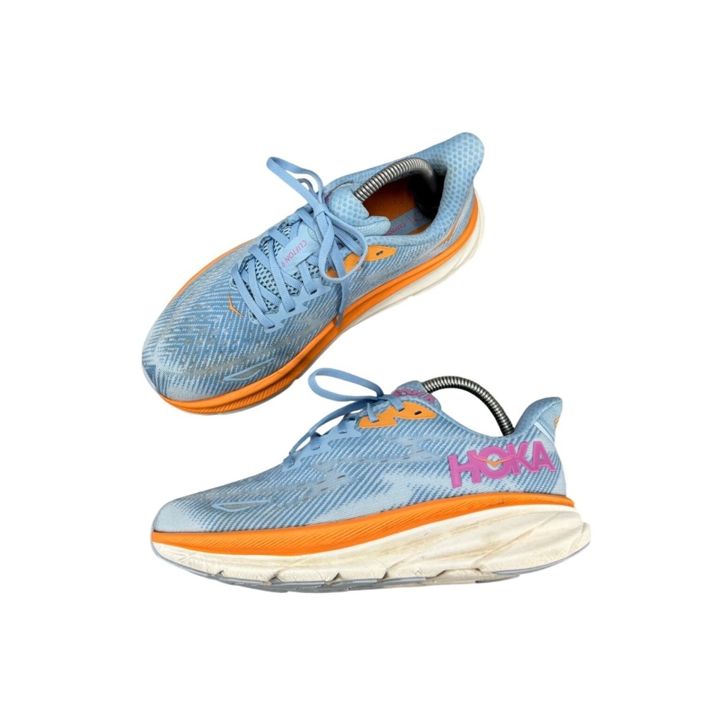 Hoka Clifton 9 Shoes Blue Orange Mesh Running Sneakers Women's Size 7.5D WIDE